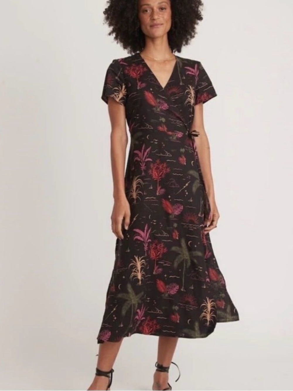 Marine Layer Black Wrap Midi Dress with Pink, Red & Green Print